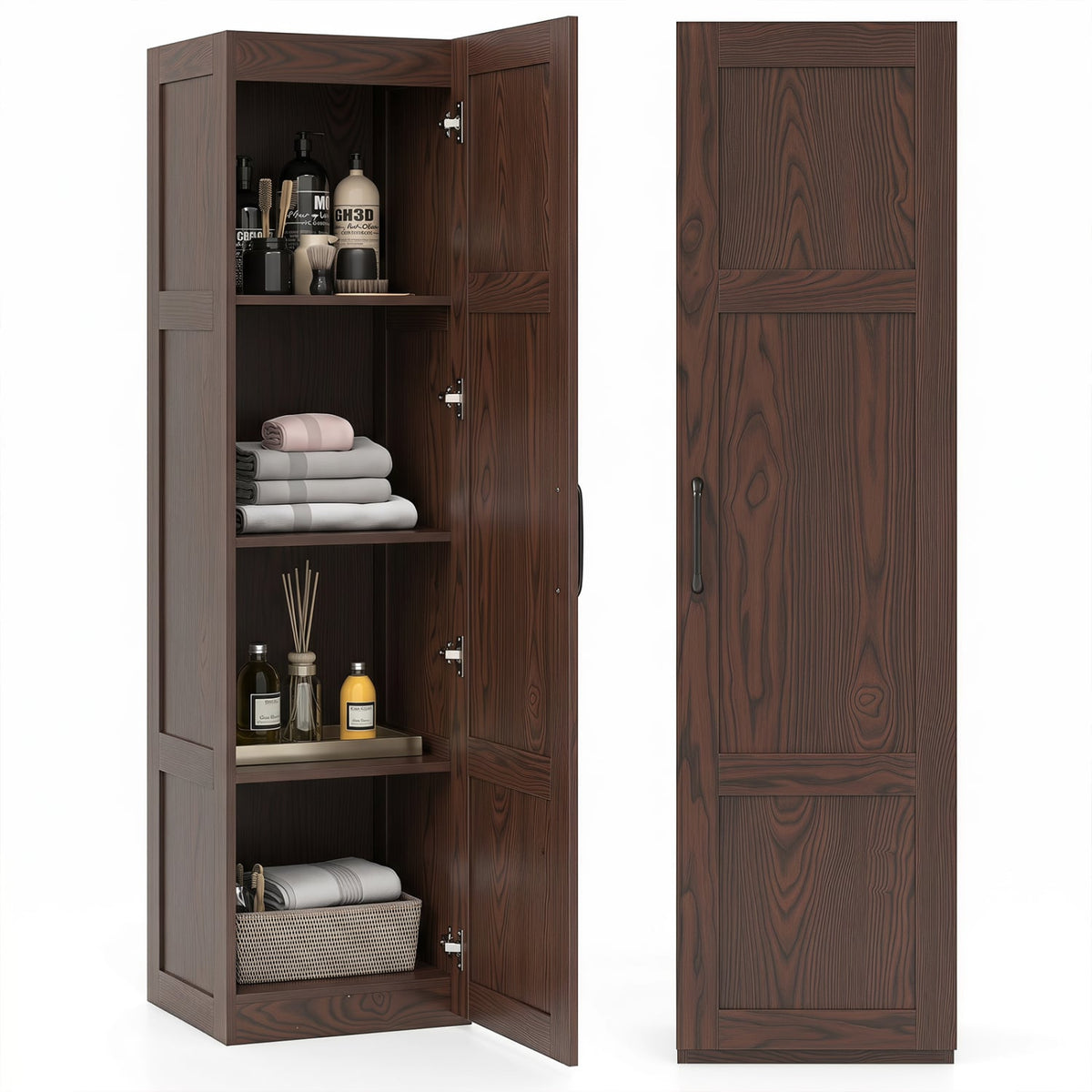 Narrow Tall Storage Cabinet - 59" Slim 4-Shelf Organizer Brown-Floor Cabinets-DECOROLALA
