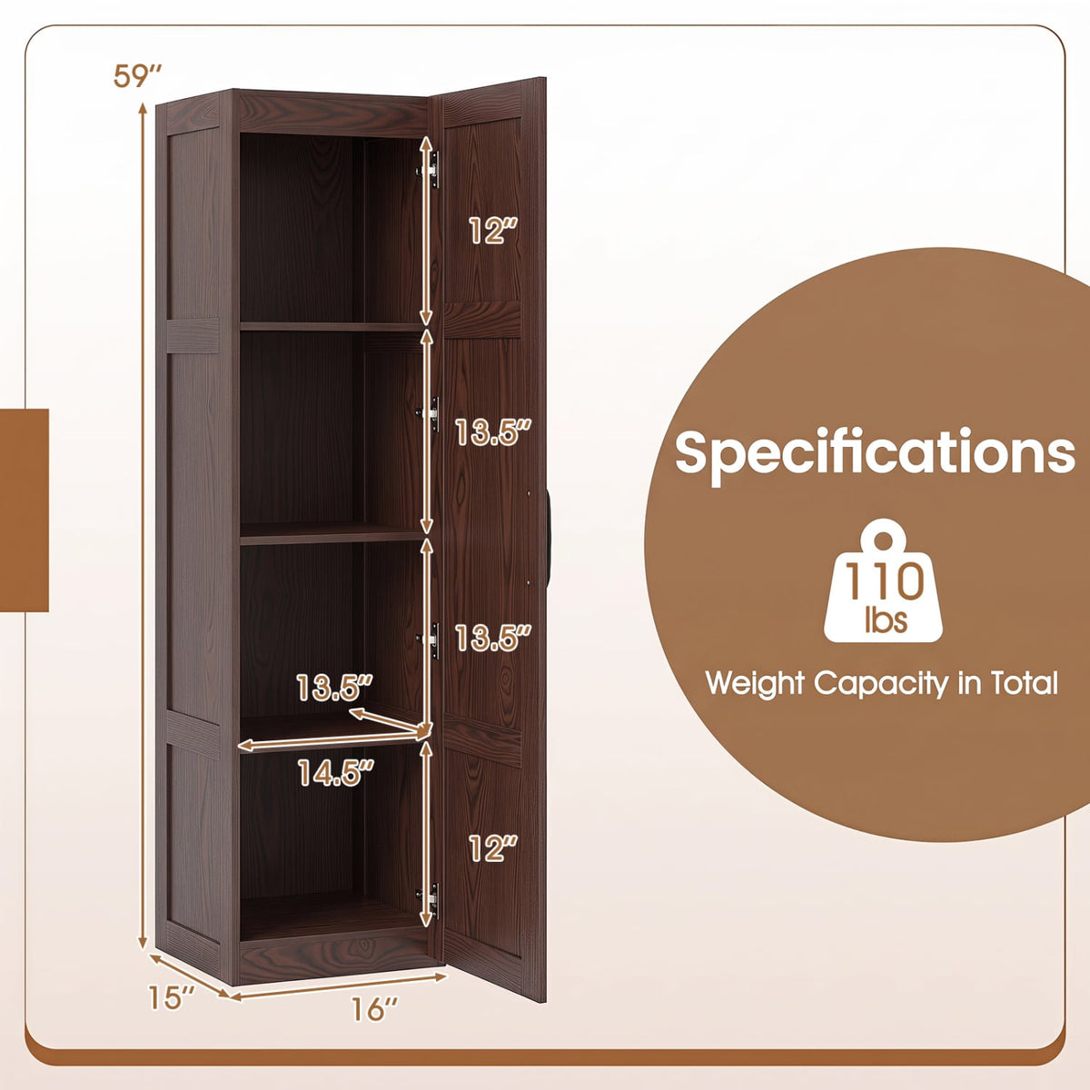 Narrow Tall Storage Cabinet - 59" Slim 4-Shelf Organizer Brown-Floor Cabinets-DECOROLALA