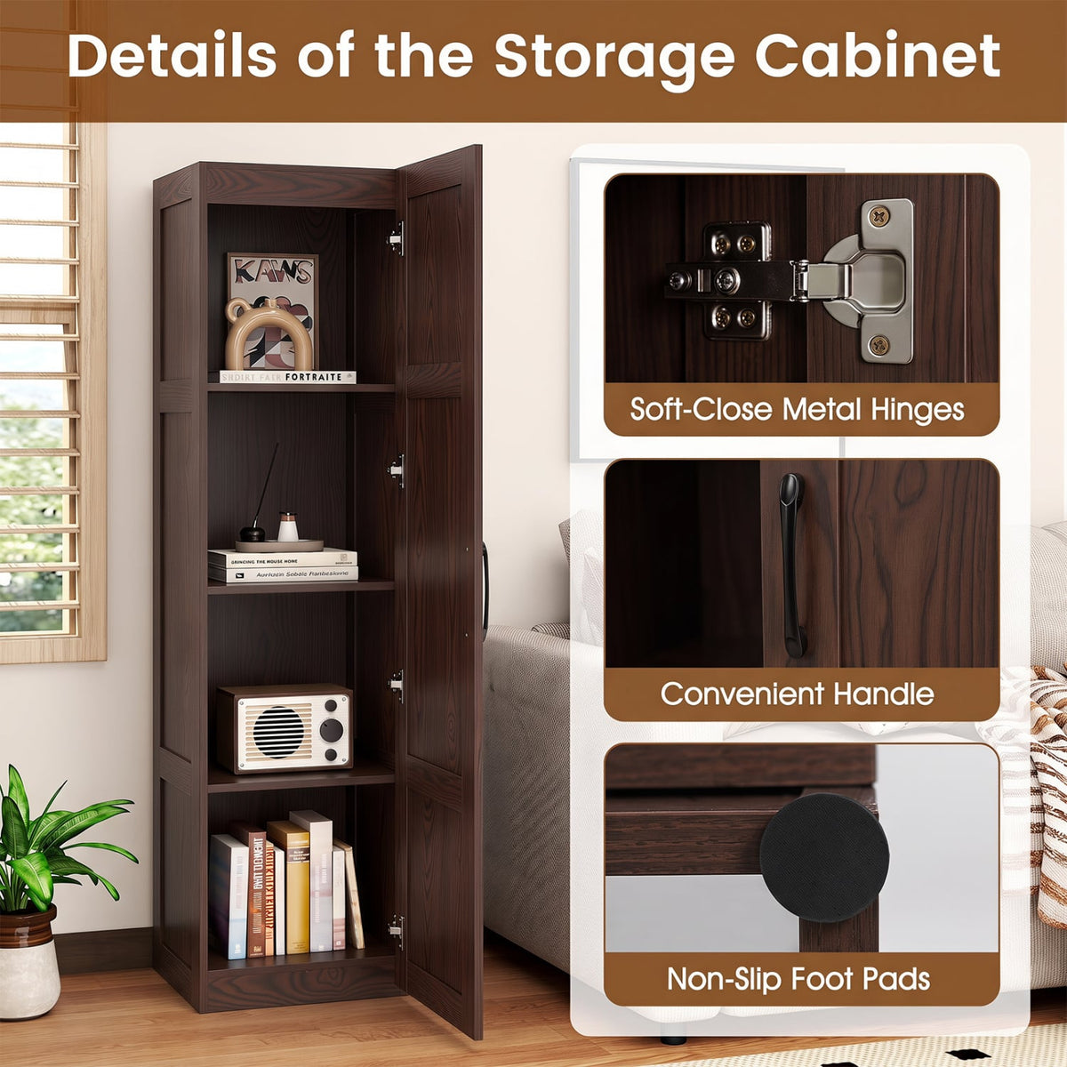 Narrow Tall Storage Cabinet - 59" Slim 4-Shelf Organizer Brown-Floor Cabinets-DECOROLALA