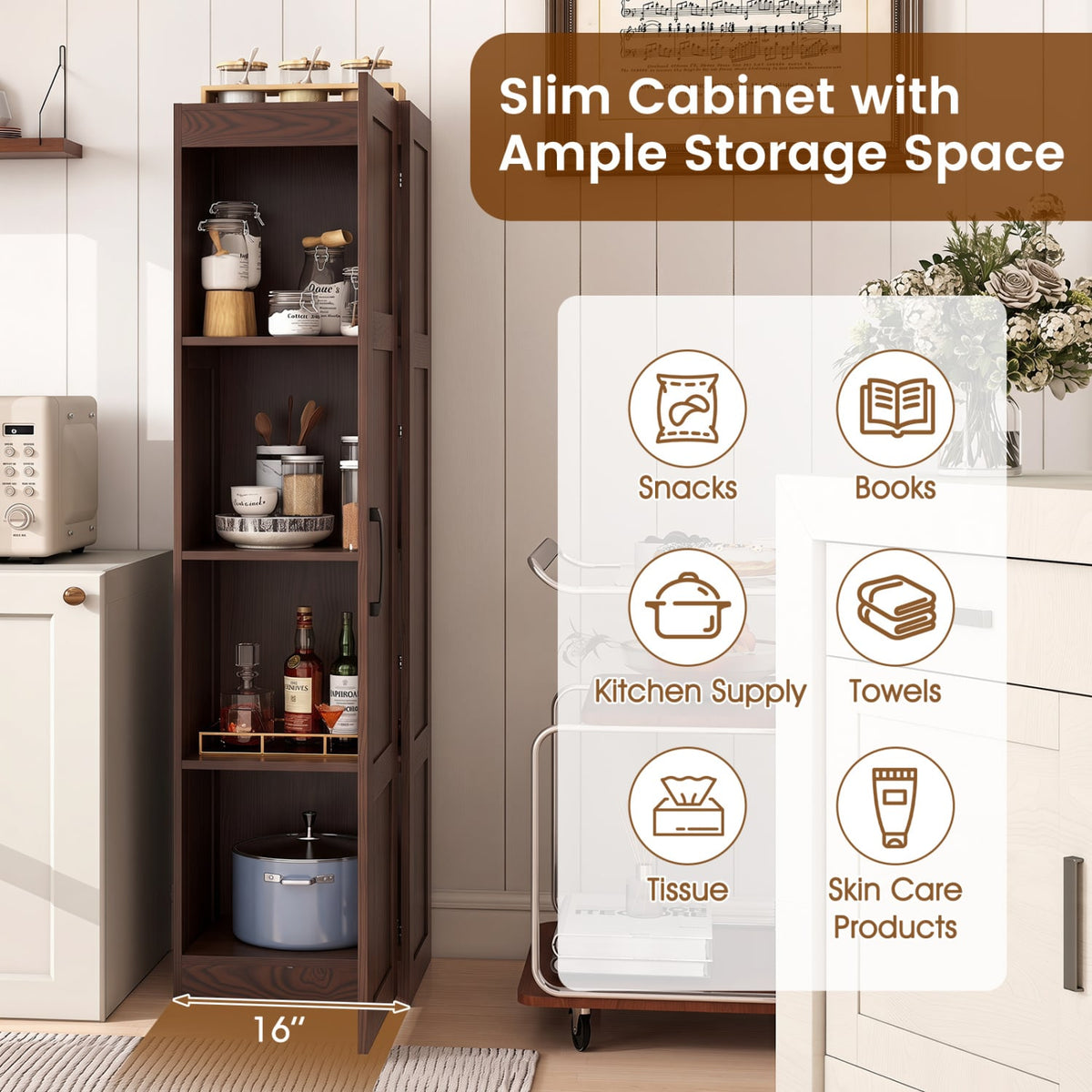 Narrow Tall Storage Cabinet - 59" Slim 4-Shelf Organizer Brown-Floor Cabinets-DECOROLALA