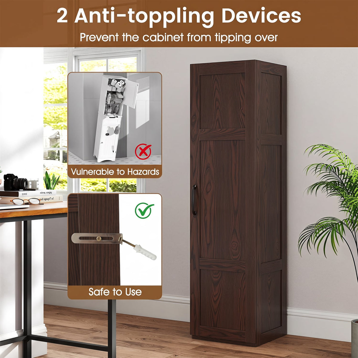 Narrow Tall Storage Cabinet - 59" Slim 4-Shelf Organizer Brown-Floor Cabinets-DECOROLALA
