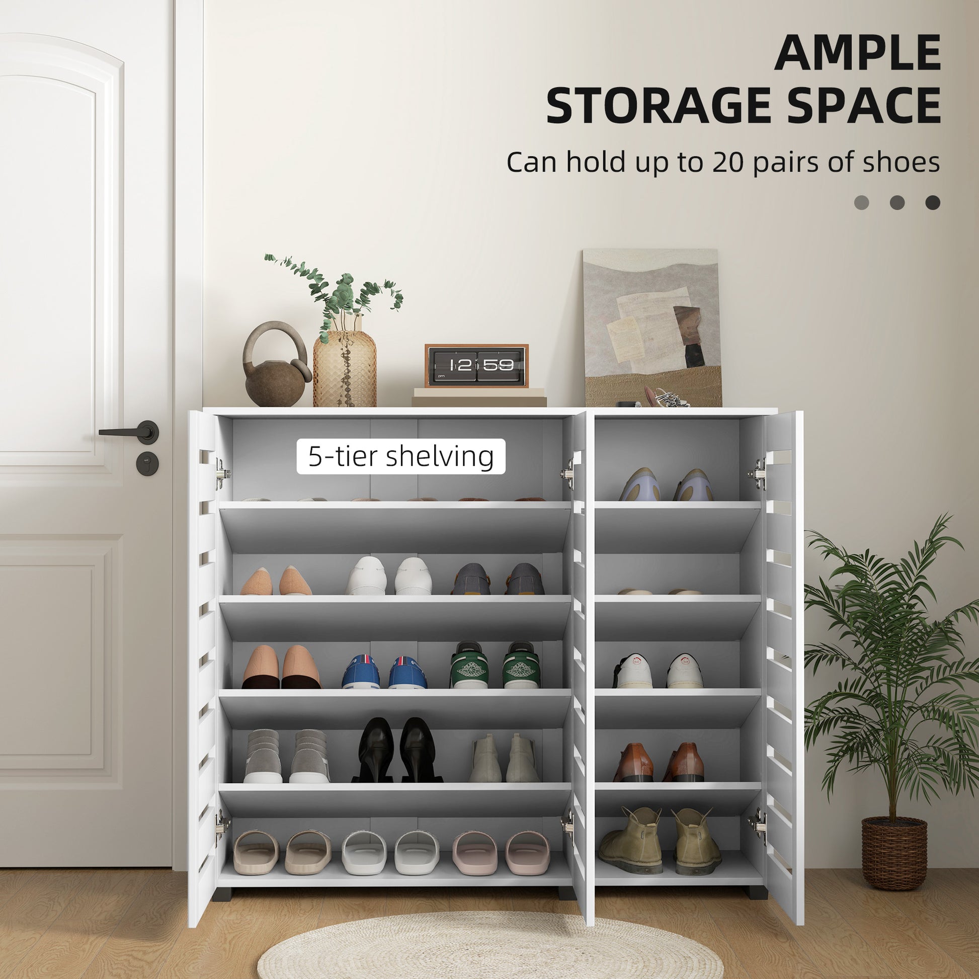 Narrow White Shoe Cabinet - 5-Tier Slatted Doors 20 Pairs-DECOROLALA