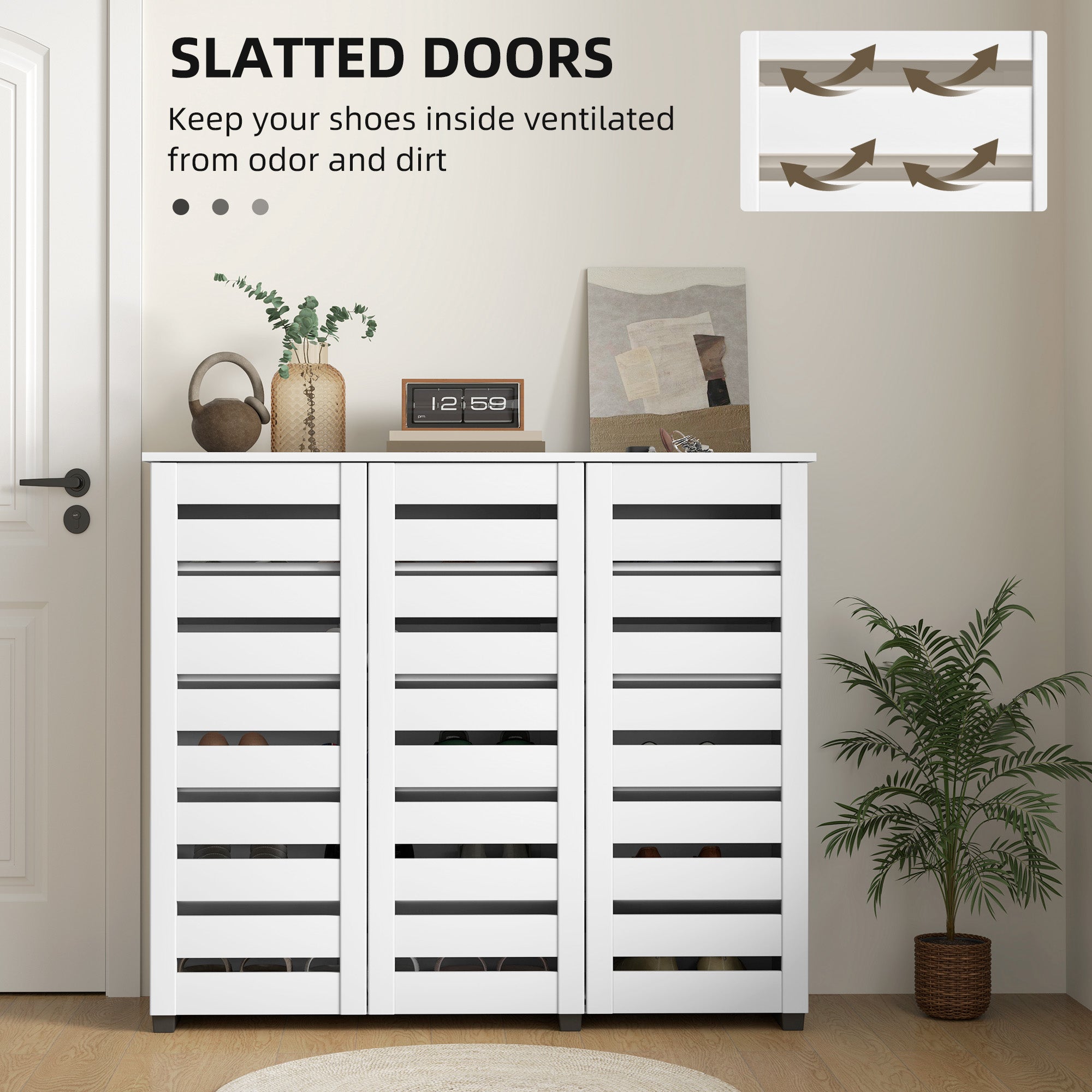 Narrow White Shoe Cabinet - 5-Tier Slatted Doors 20 Pairs-DECOROLALA