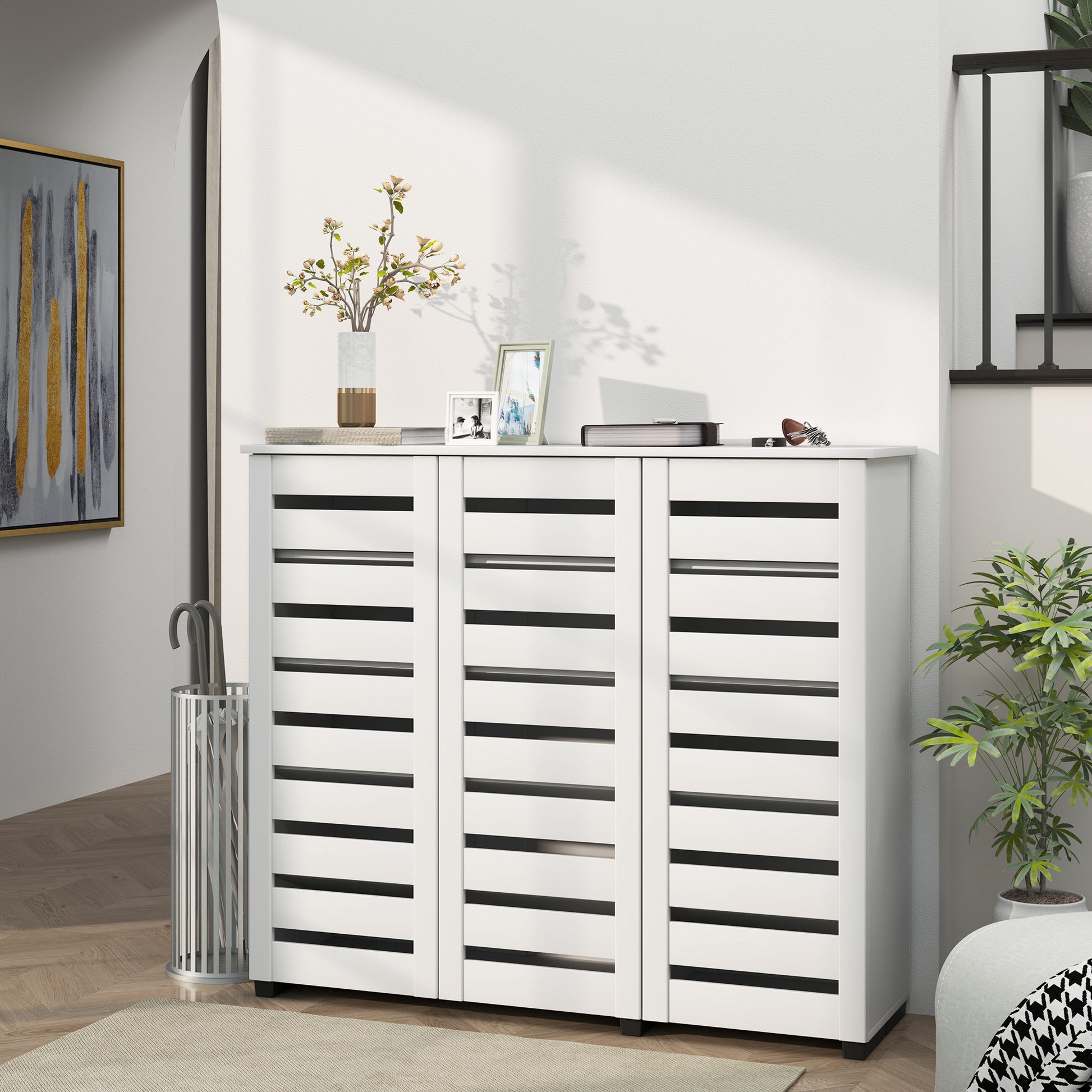 Narrow White Shoe Cabinet - 5-Tier Slatted Doors 20 Pairs-DECOROLALA