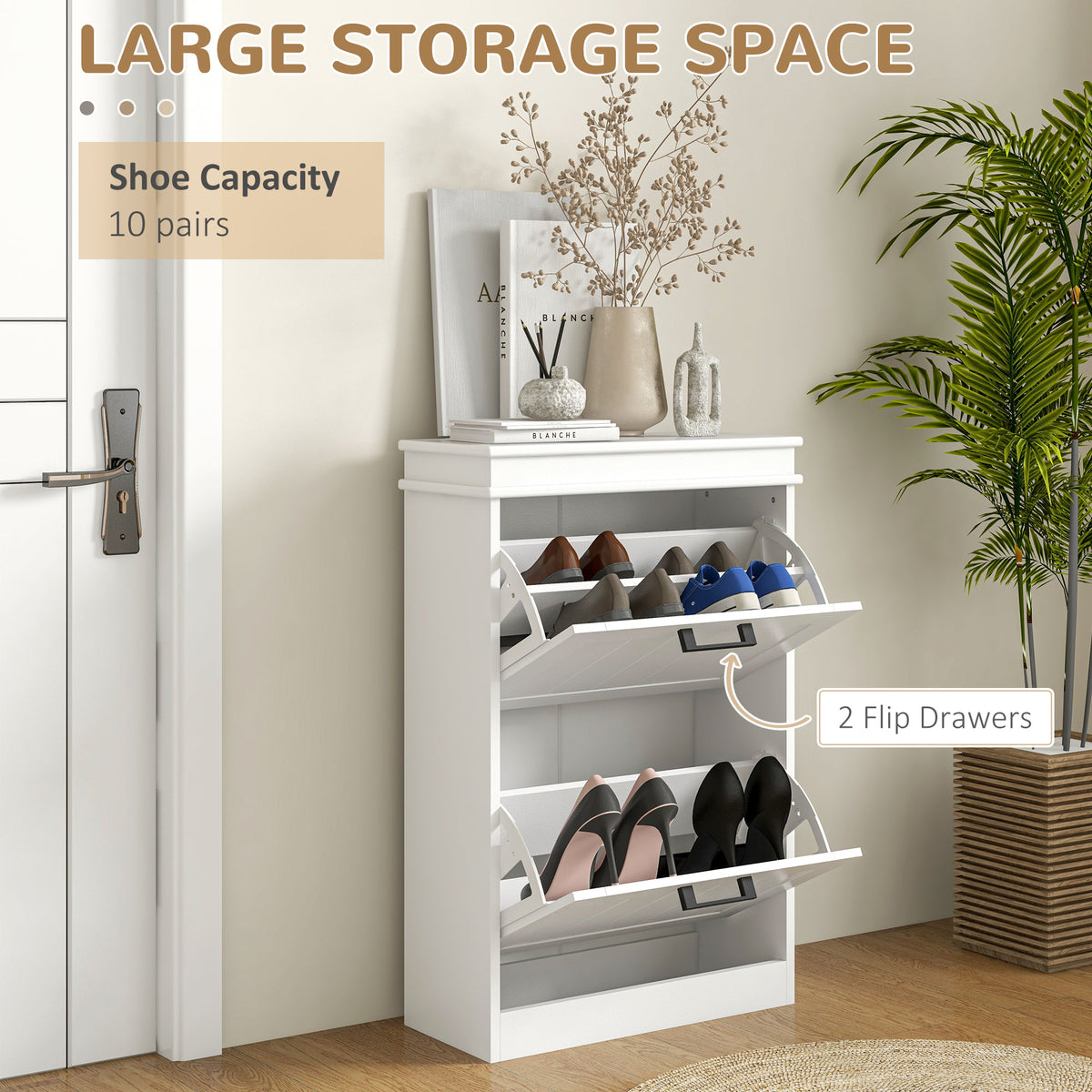 Narrow White Shoe Storage Cabinet - 2 Flip Drawers-Home Furnishings > Storage & Organization > Shoe Storage Cabinets & Racks-DECOROLALA