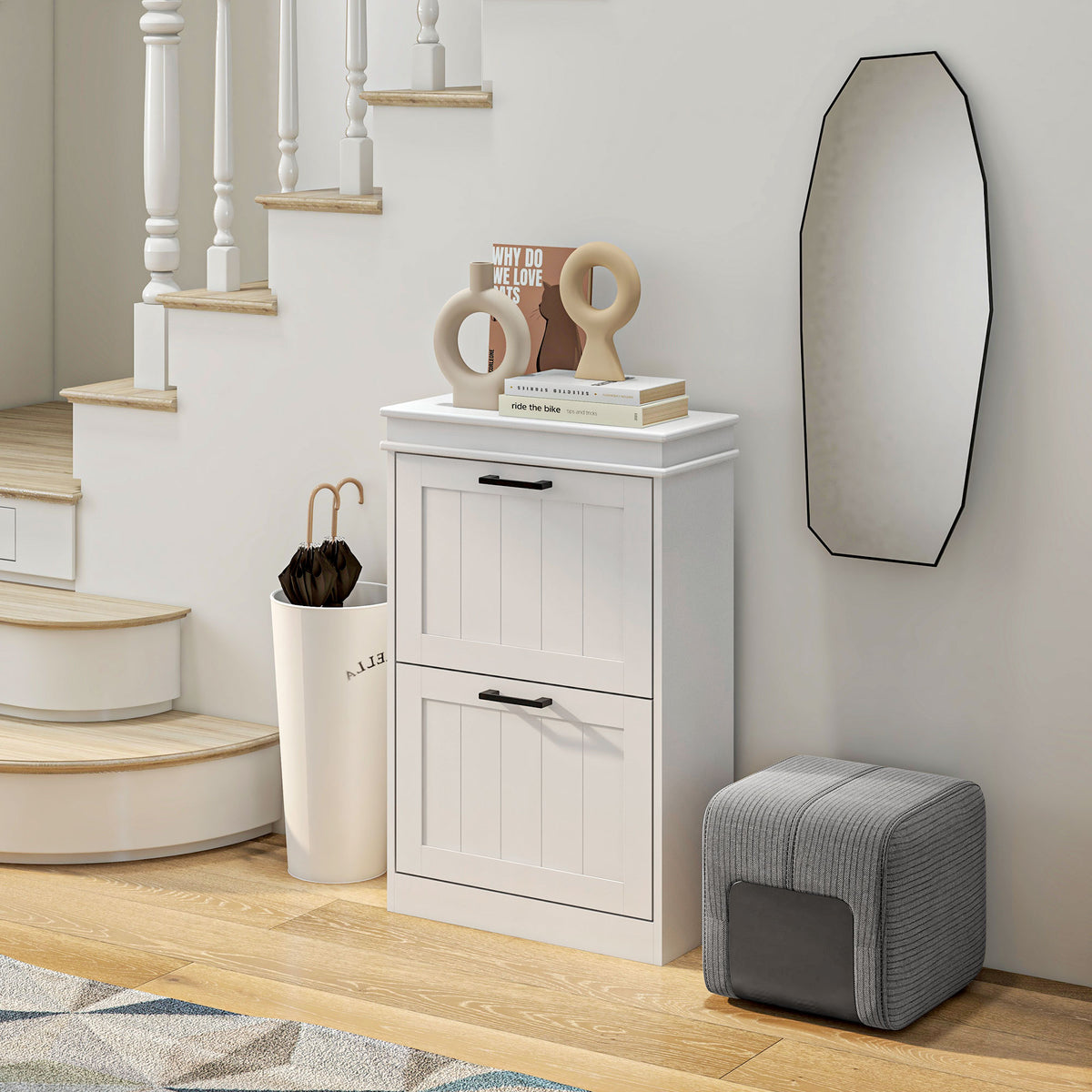 Narrow White Shoe Storage Cabinet - 2 Flip Drawers-Home Furnishings > Storage & Organization > Shoe Storage Cabinets & Racks-DECOROLALA