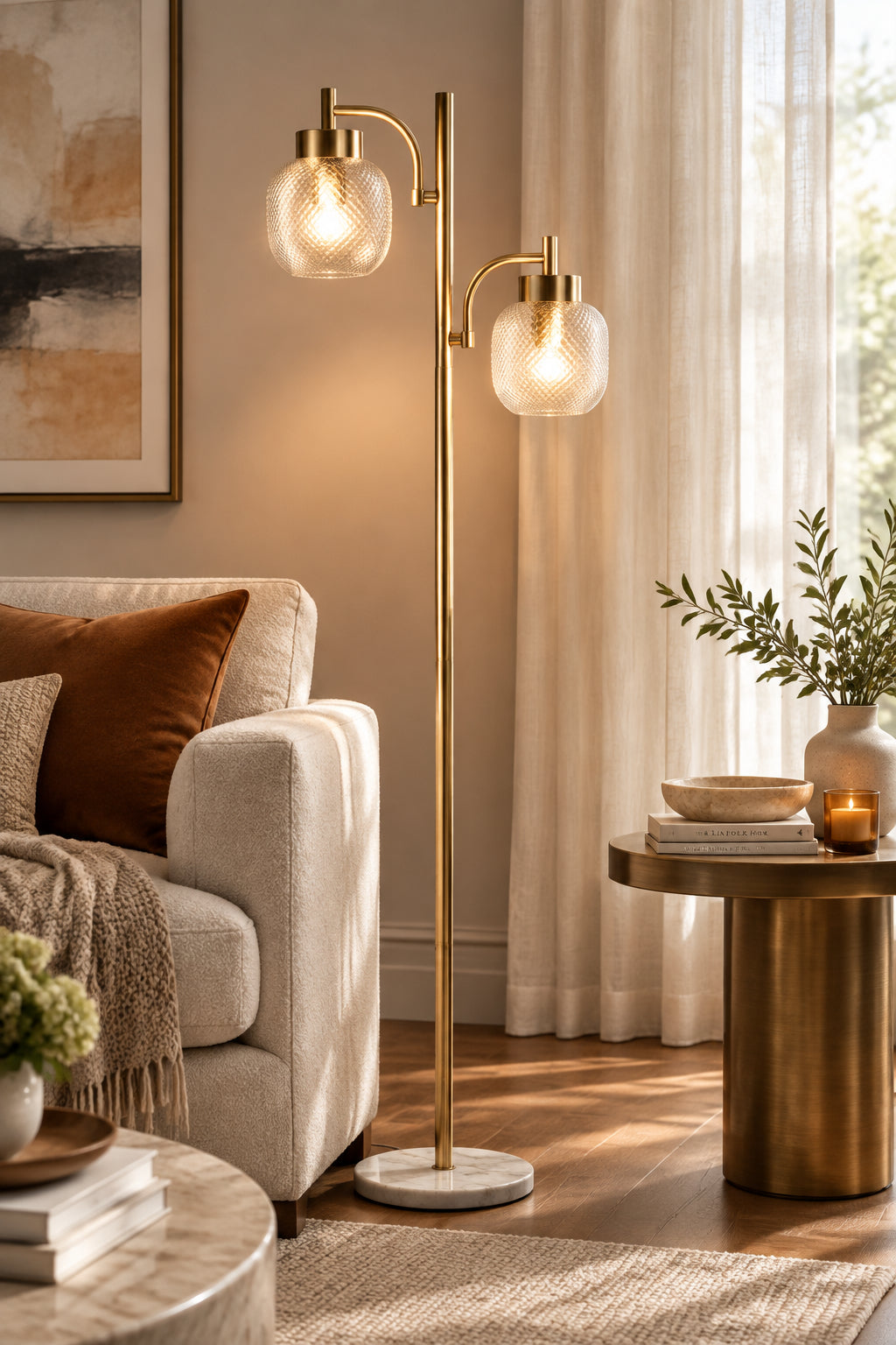 Natasha 2-Light Floor Lamp - Marble Base Brass-Lighting-DECOROLALA