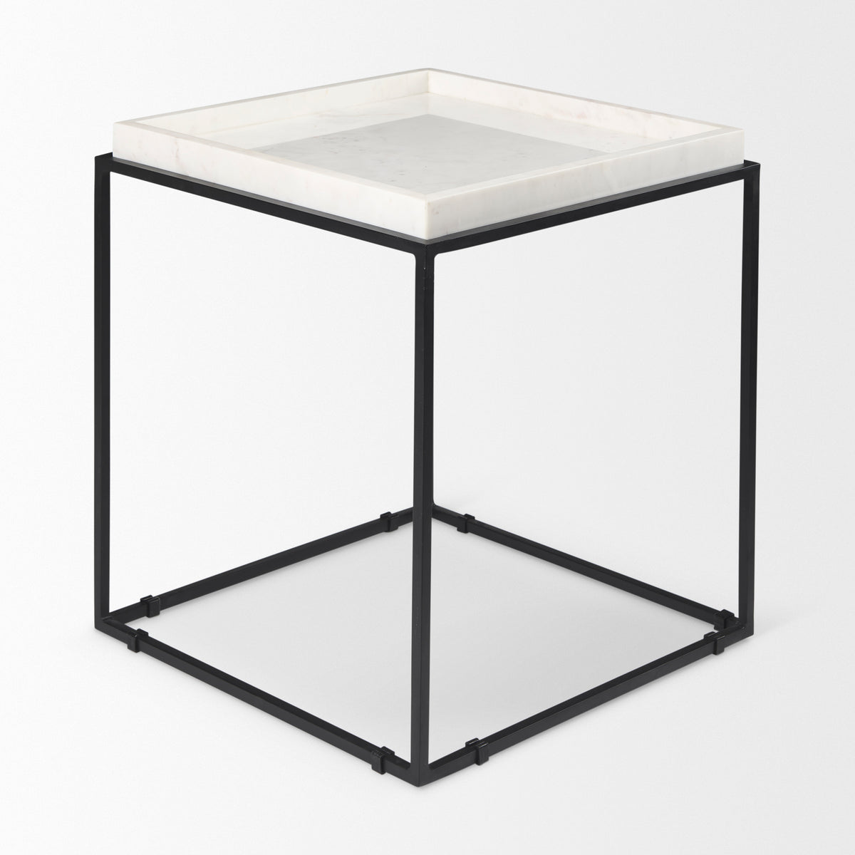 Nathan II 18" x 20" Square Top White Marble and Black Metal End/Side Table-End and Side Tables-DECOROLALA