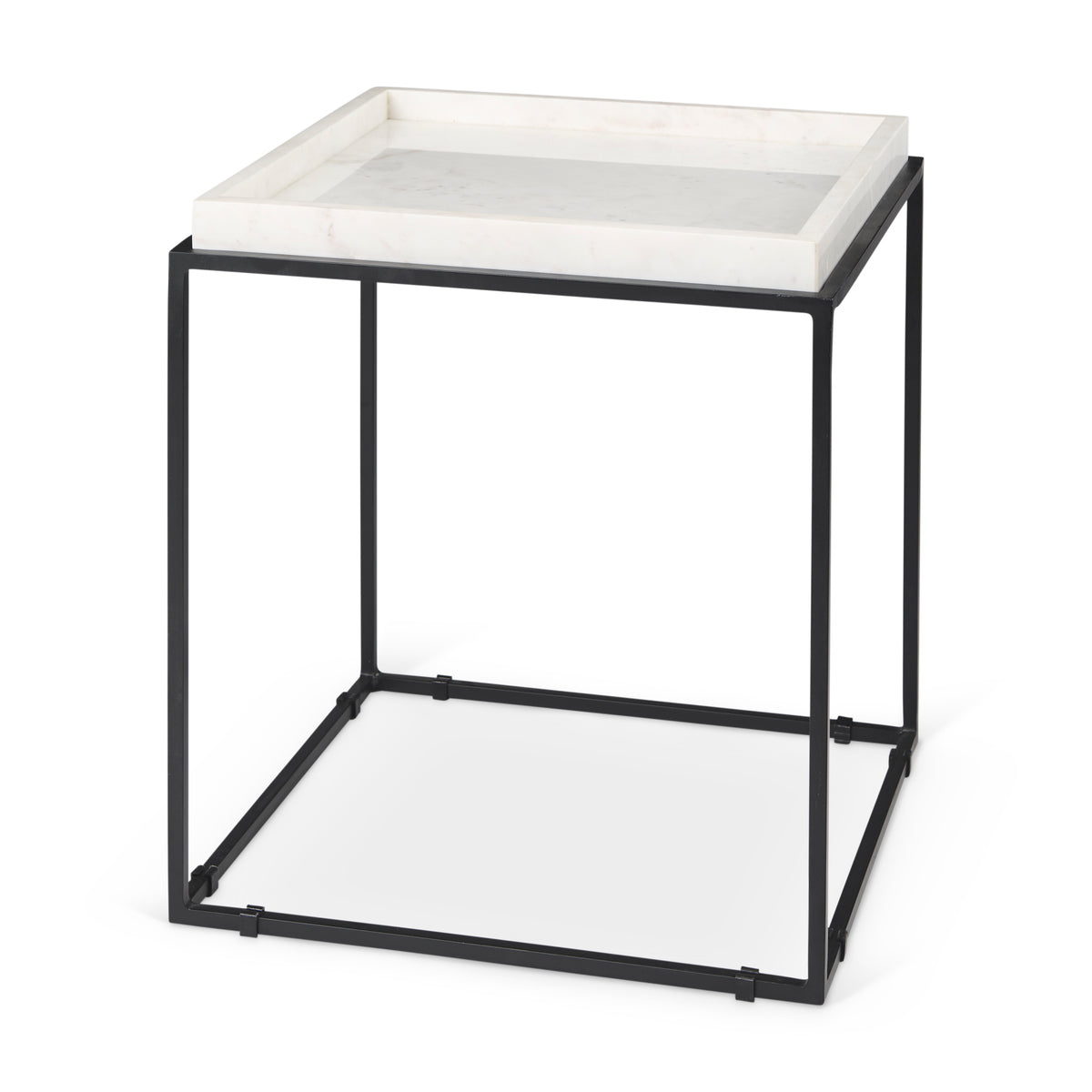 Nathan II Square White Marble and Black Metal End Table-Side Tables-DECOROLALA
