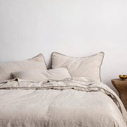 Natural Beige with Moss Green Piping - 100% Pure Linen or Linen Cotton | 3 Piece Piped Duvet Cover Set | Handmade | Pre-washed-n/a-DECOROLALA