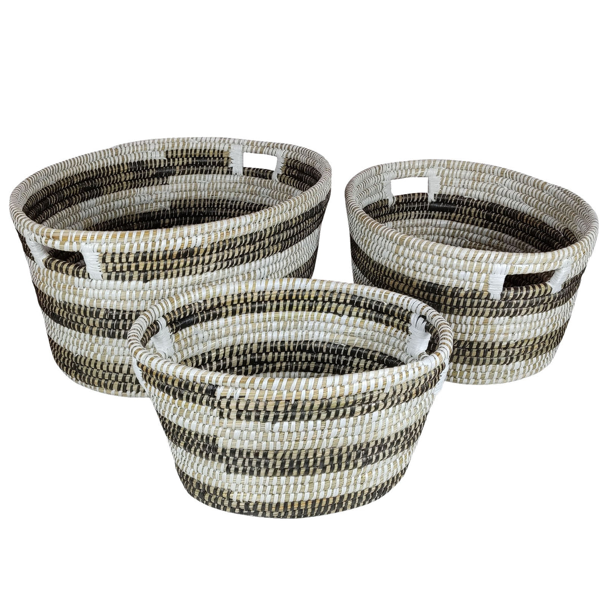 Natural Canes Grass Baskets Stackable Storage Bins Set of 3 with Hollowed Handles-Laundry Baskets-DECOROLALA