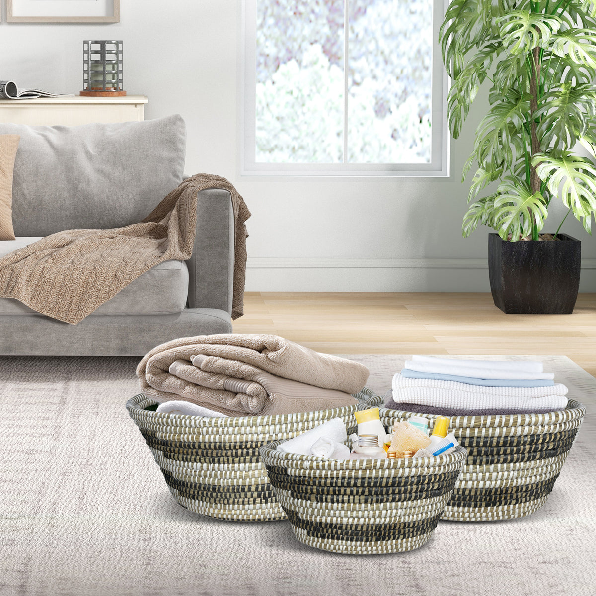 Natural Canes Grass Baskets Stackable Storage Bins Set of 3 with Hollowed Handles-Laundry Baskets-DECOROLALA