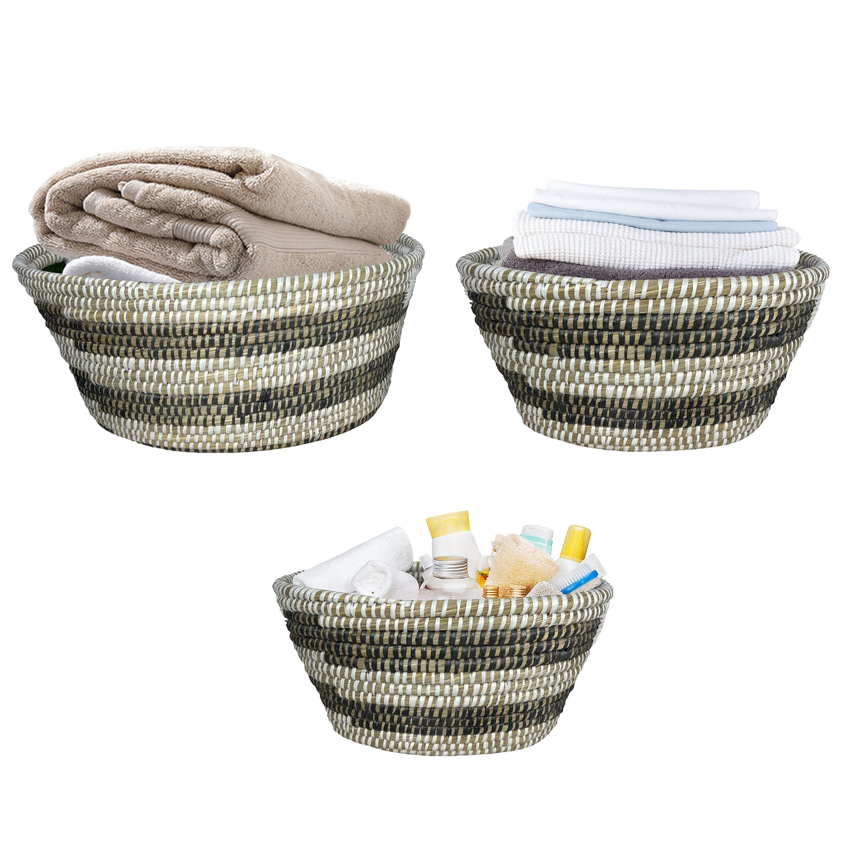 Natural Canes Grass Baskets Stackable Storage Bins Set of 3 with Hollowed Handles-Laundry Baskets-DECOROLALA