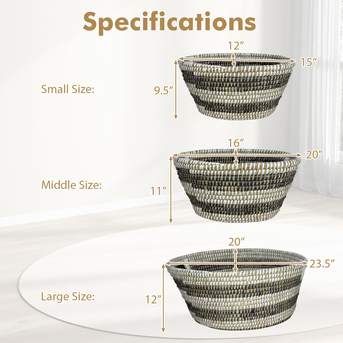 Natural Canes Grass Baskets Stackable Storage Bins Set of 3 with Hollowed Handles-Laundry Baskets-DECOROLALA