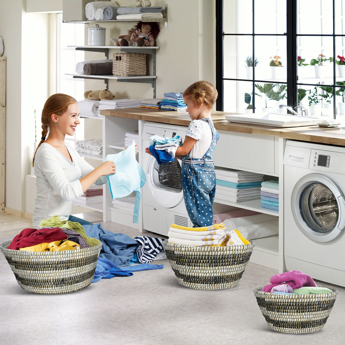 Natural Canes Grass Baskets Stackable Storage Bins Set of 3 with Hollowed Handles-Laundry Baskets-DECOROLALA