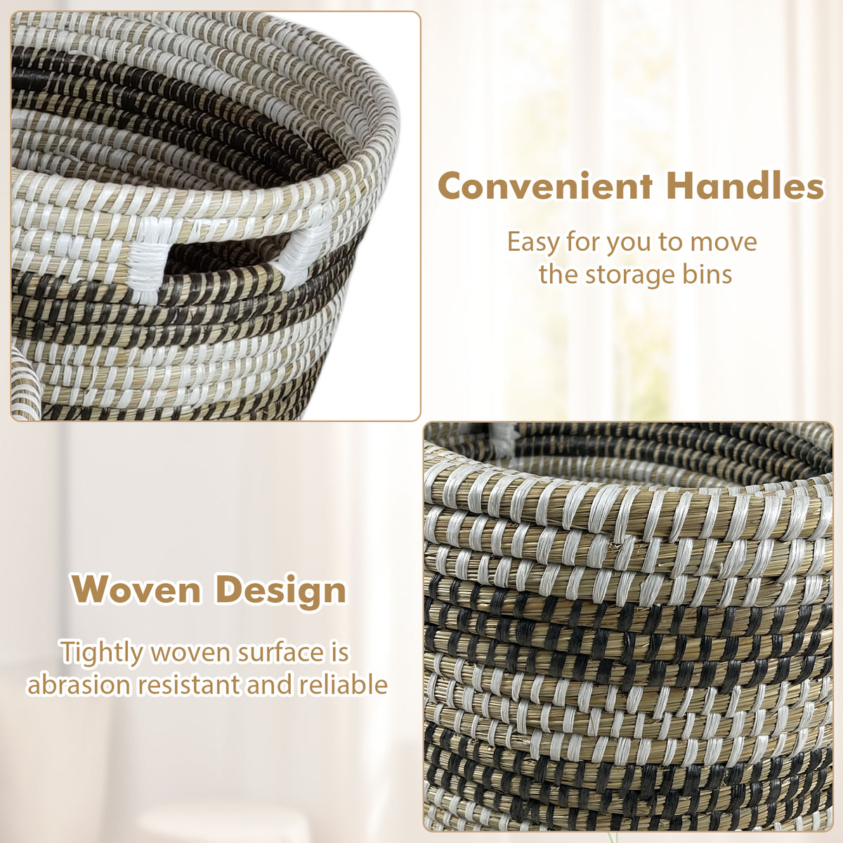 Natural Canes Grass Baskets Stackable Storage Bins Set of 3 with Hollowed Handles-Laundry Baskets-DECOROLALA