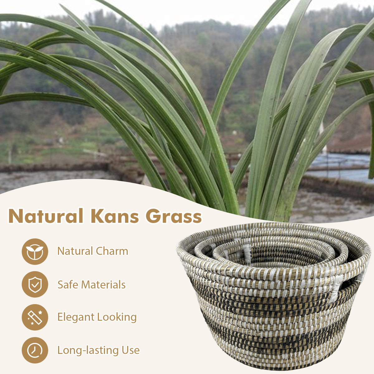 Natural Canes Grass Baskets Stackable Storage Bins Set of 3 with Hollowed Handles-Laundry Baskets-DECOROLALA
