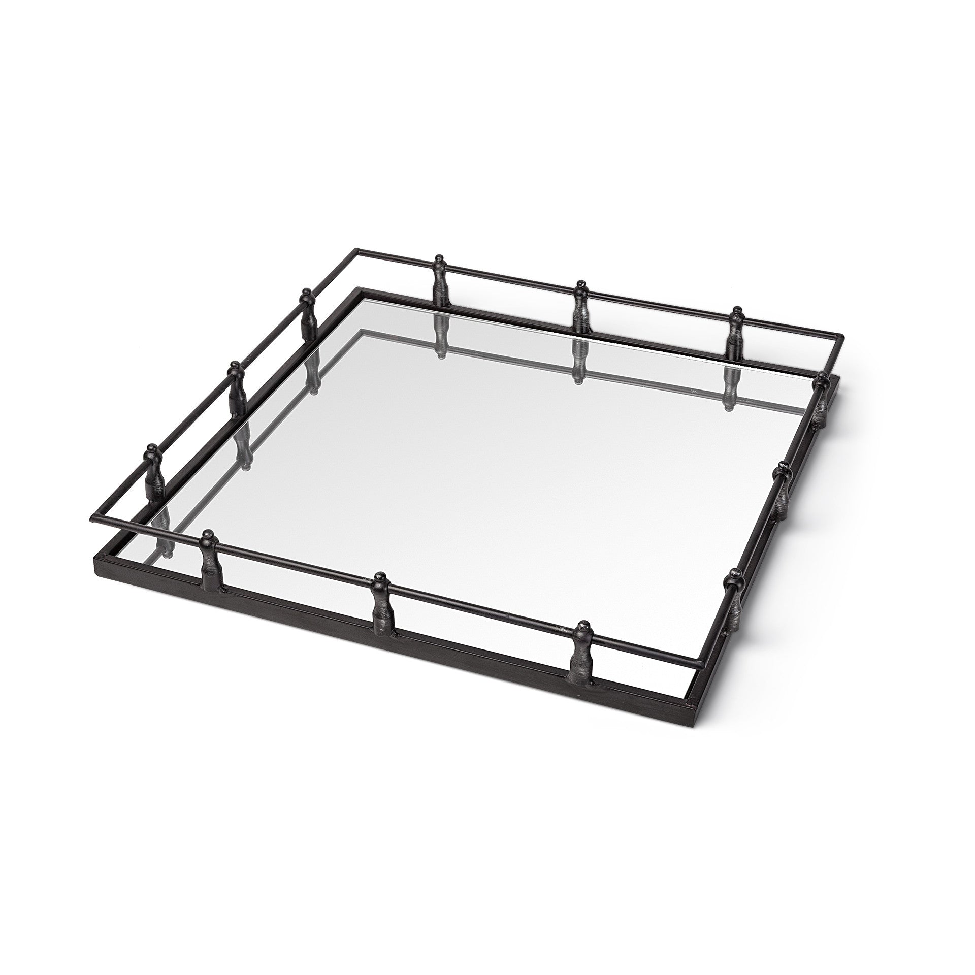 Natural Finish Metal With Mirrored Glass Bottom And Railing Handle Tray-Trays-DECOROLALA