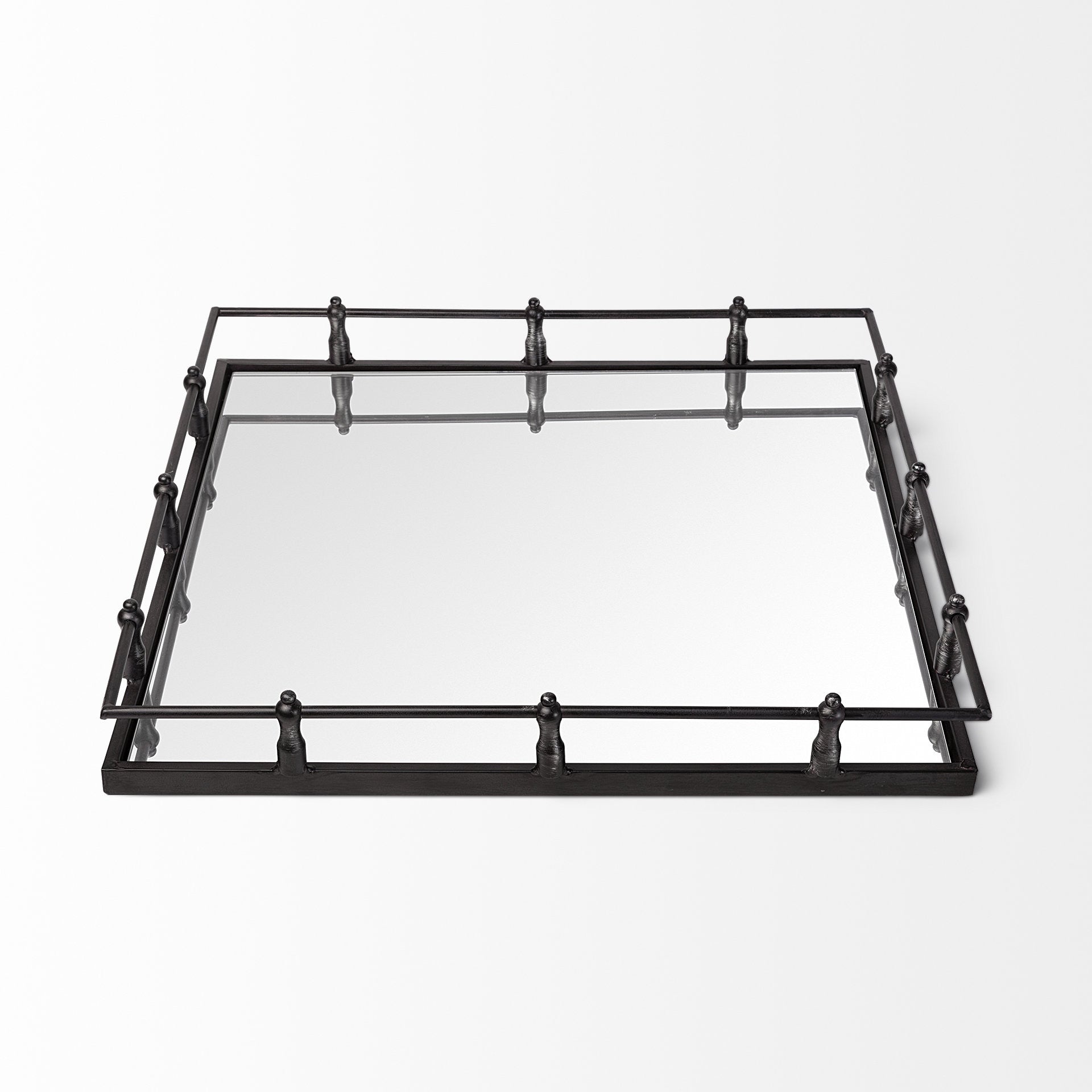 Natural Finish Metal With Mirrored Glass Bottom And Railing Handle Tray-Trays-DECOROLALA