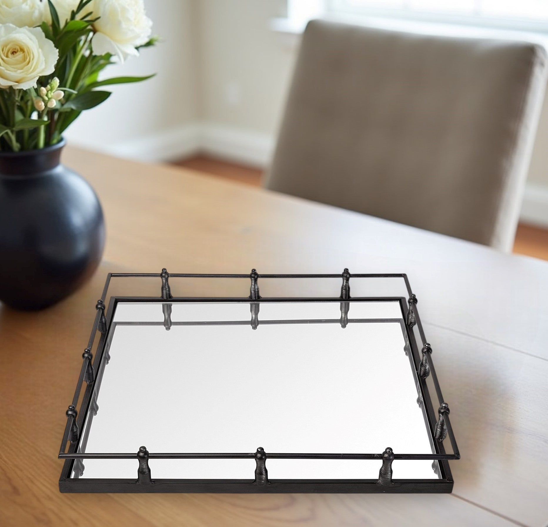Natural Finish Metal With Mirrored Glass Bottom And Railing Handle Tray-Trays-DECOROLALA