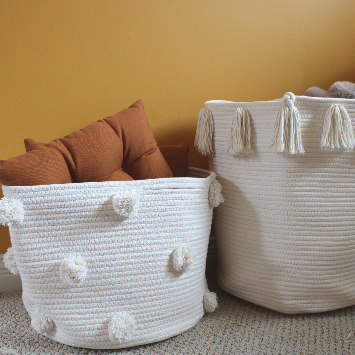 Natural Pom Basket - Large-Baskets-DECOROLALA