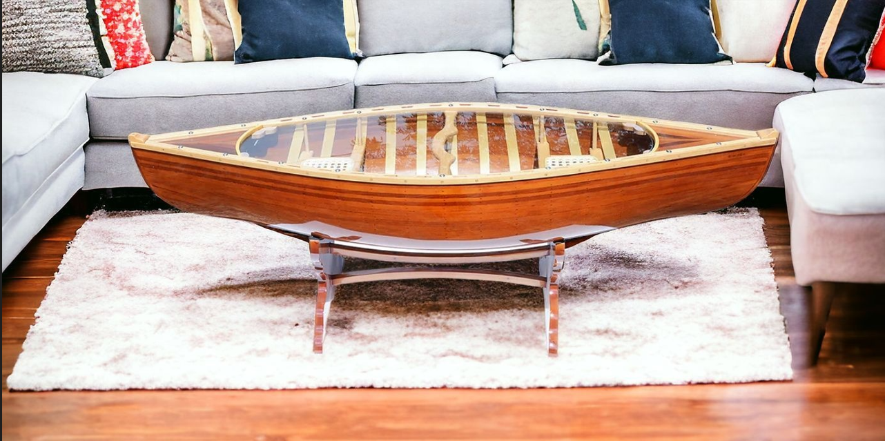 Natural Solid Wood and Glass Canoe Coffee Table-Coffee Tables-DECOROLALA