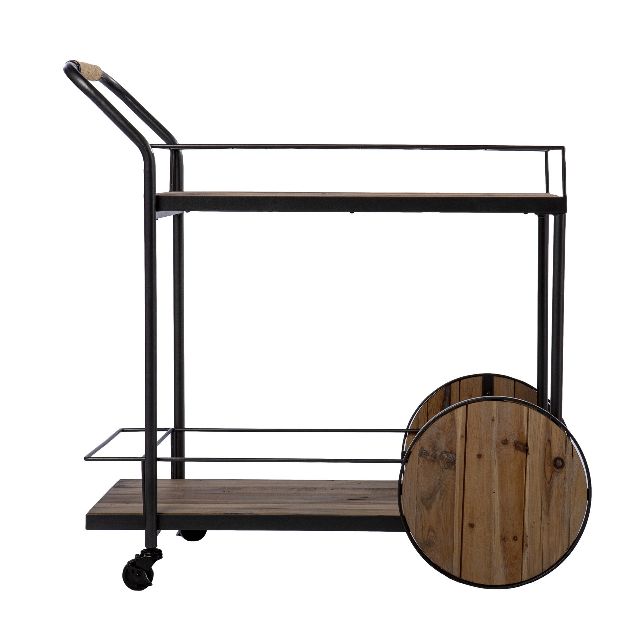 Natural and Black Iron And Reclaimed Wood Rolling Bar Cart With Wine Storage-Bar Cart-DECOROLALA