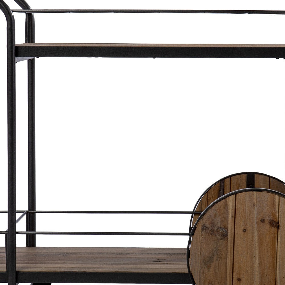 Natural and Black Iron And Reclaimed Wood Rolling Bar Cart With Wine Storage-Bar Cart-DECOROLALA