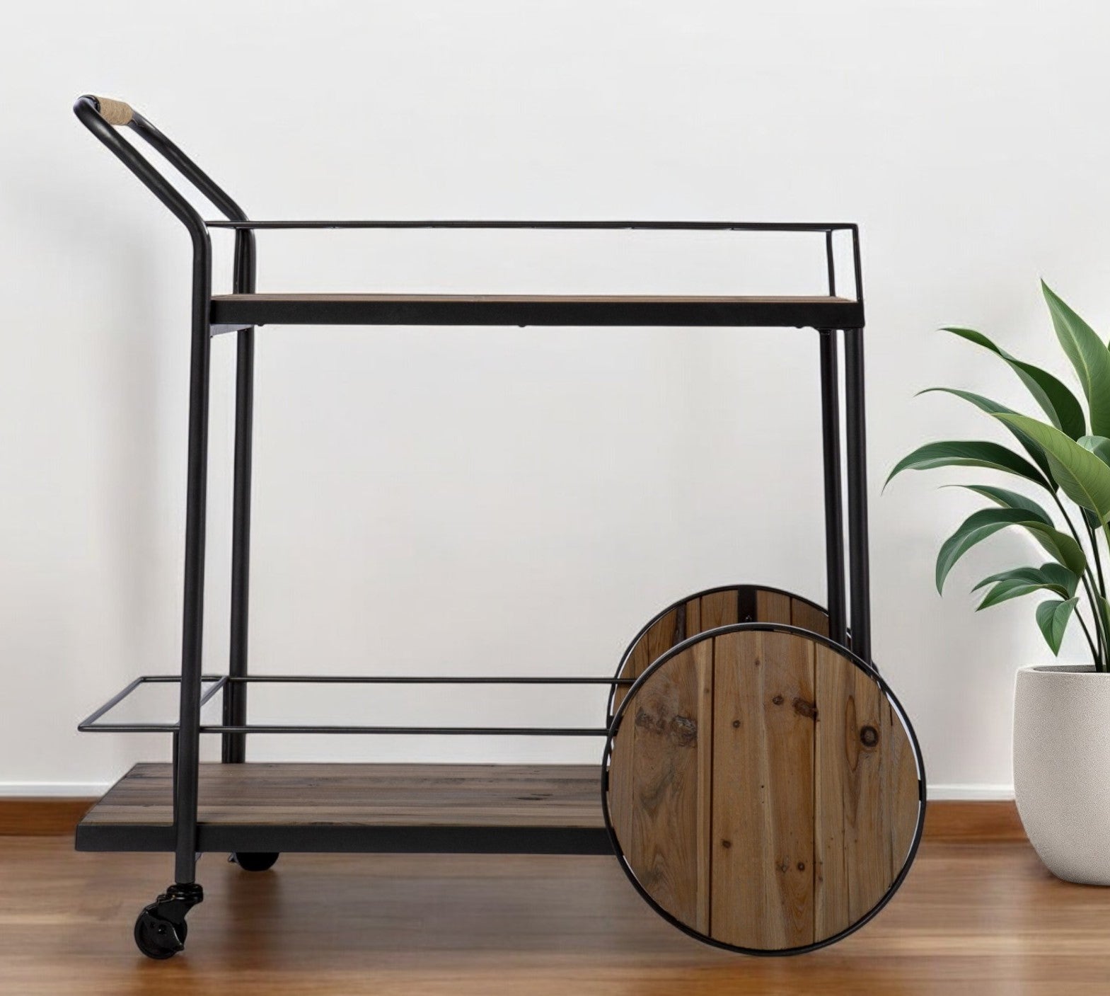 Natural and Black Iron And Reclaimed Wood Rolling Bar Cart With Wine Storage-Bar Cart-DECOROLALA