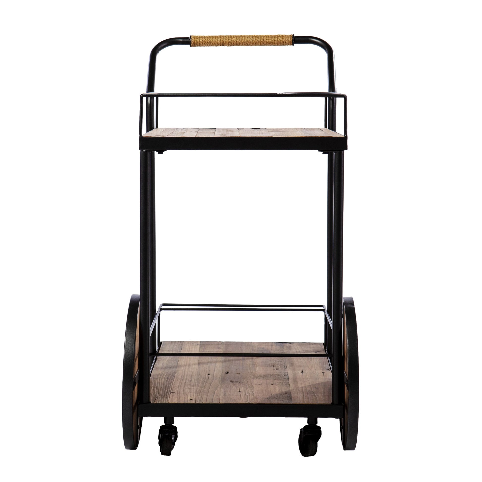 Natural and Black Iron And Reclaimed Wood Rolling Bar Cart With Wine Storage-Bar Carts and Servers-DECOROLALA