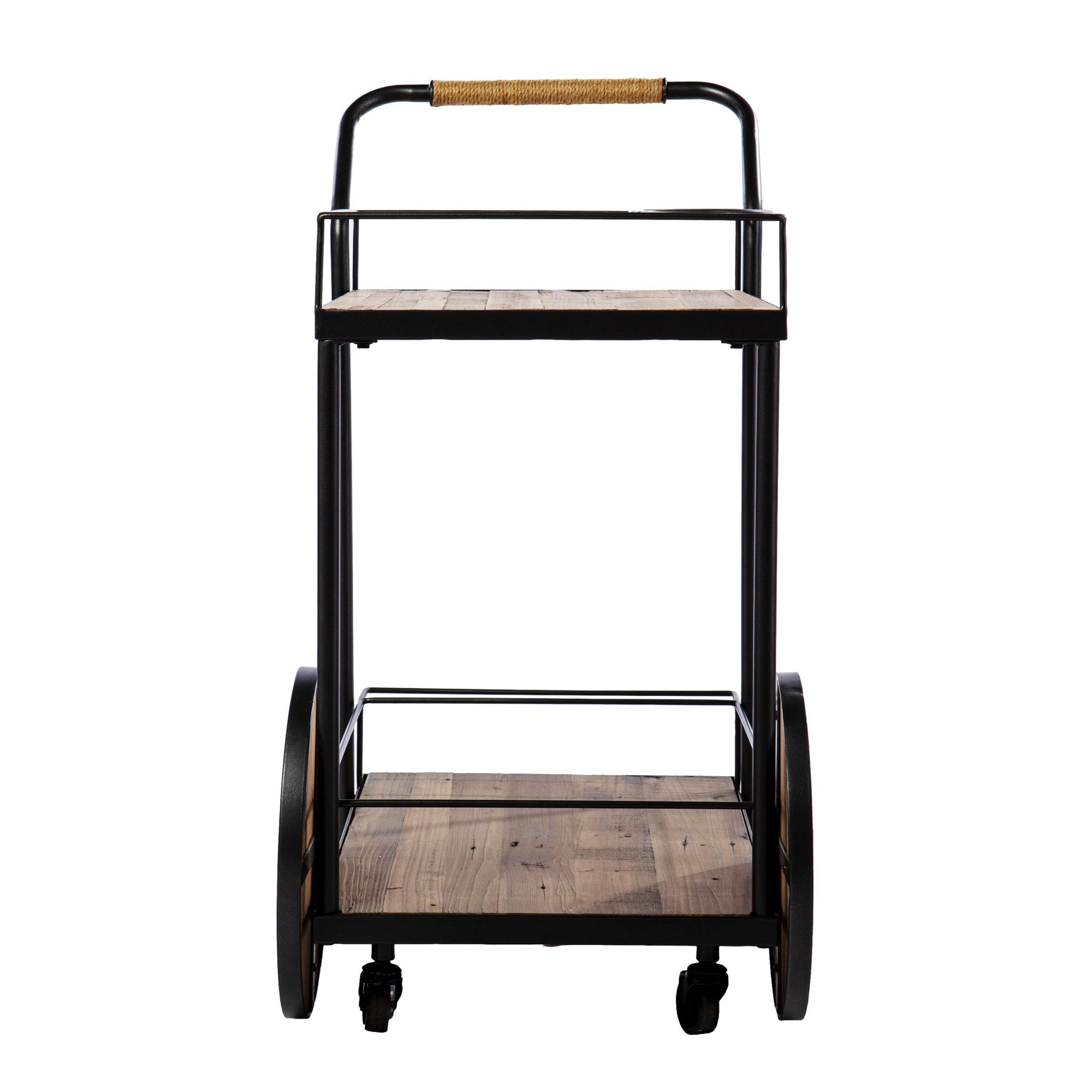 Natural and Black Iron And Reclaimed Wood Rolling Bar Cart With Wine Storage-Bar Carts and Servers-DECOROLALA