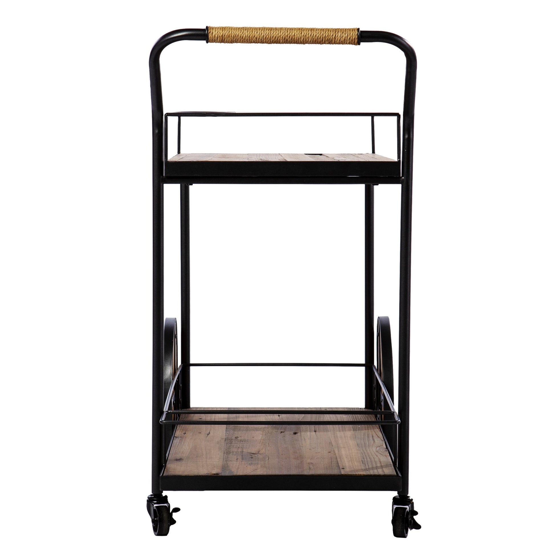 Natural and Black Iron And Reclaimed Wood Rolling Bar Cart With Wine Storage-Bar Carts and Servers-DECOROLALA