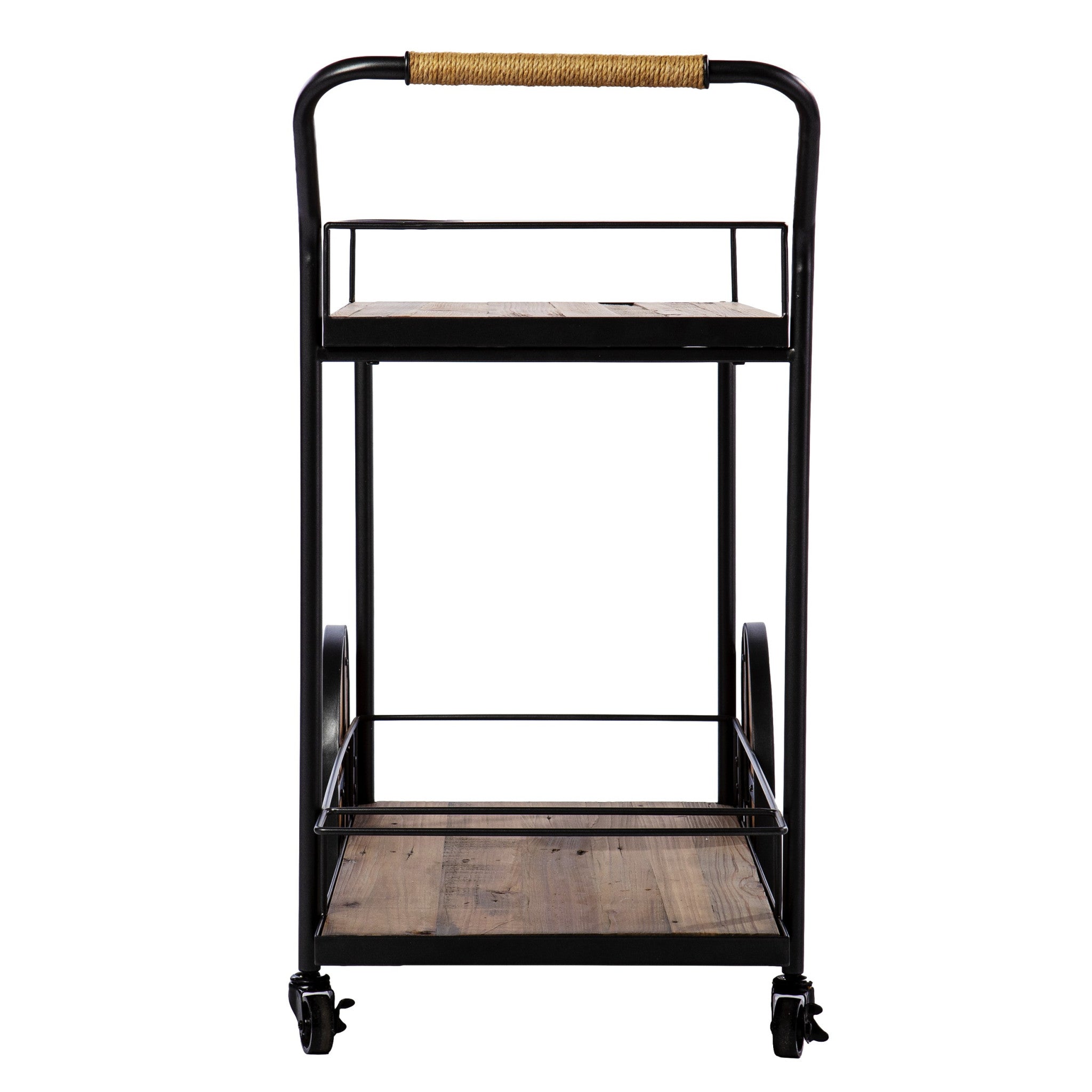 Natural and Black Iron And Reclaimed Wood Rolling Bar Cart With Wine Storage-Bar Carts and Servers-DECOROLALA