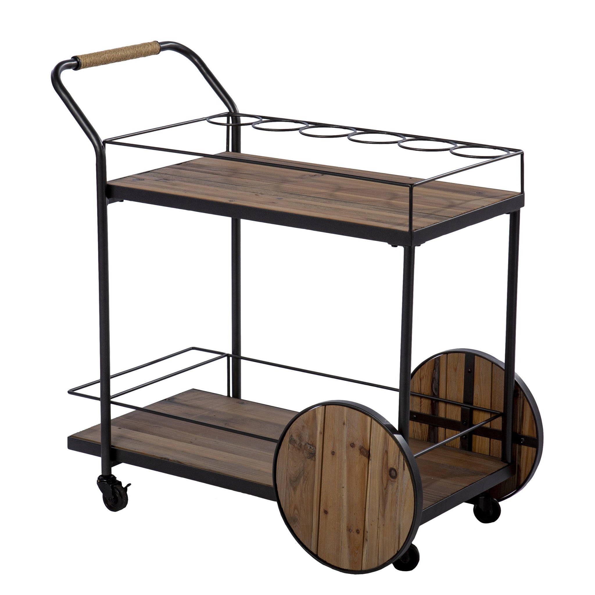 Natural and Black Iron And Reclaimed Wood Rolling Bar Cart With Wine Storage-Bar Carts and Servers-DECOROLALA