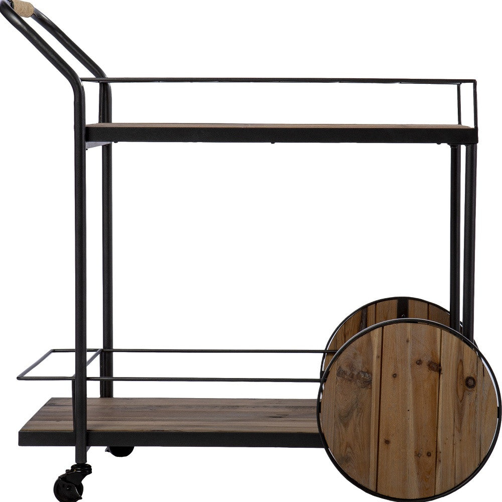 Natural and Black Iron And Reclaimed Wood Rolling Bar Cart With Wine Storage-Bar Carts and Servers-DECOROLALA