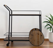 Natural and Black Iron And Reclaimed Wood Rolling Bar Cart With Wine Storage-Bar Carts and Servers-DECOROLALA