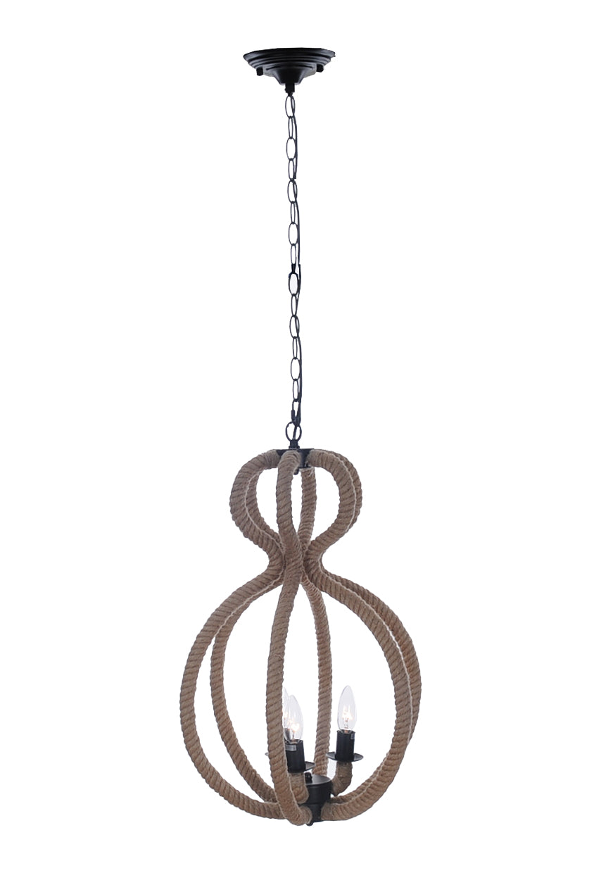 Natural and Black Iron and Rope Three Light Ceiling Light-Chandeliers-DECOROLALA