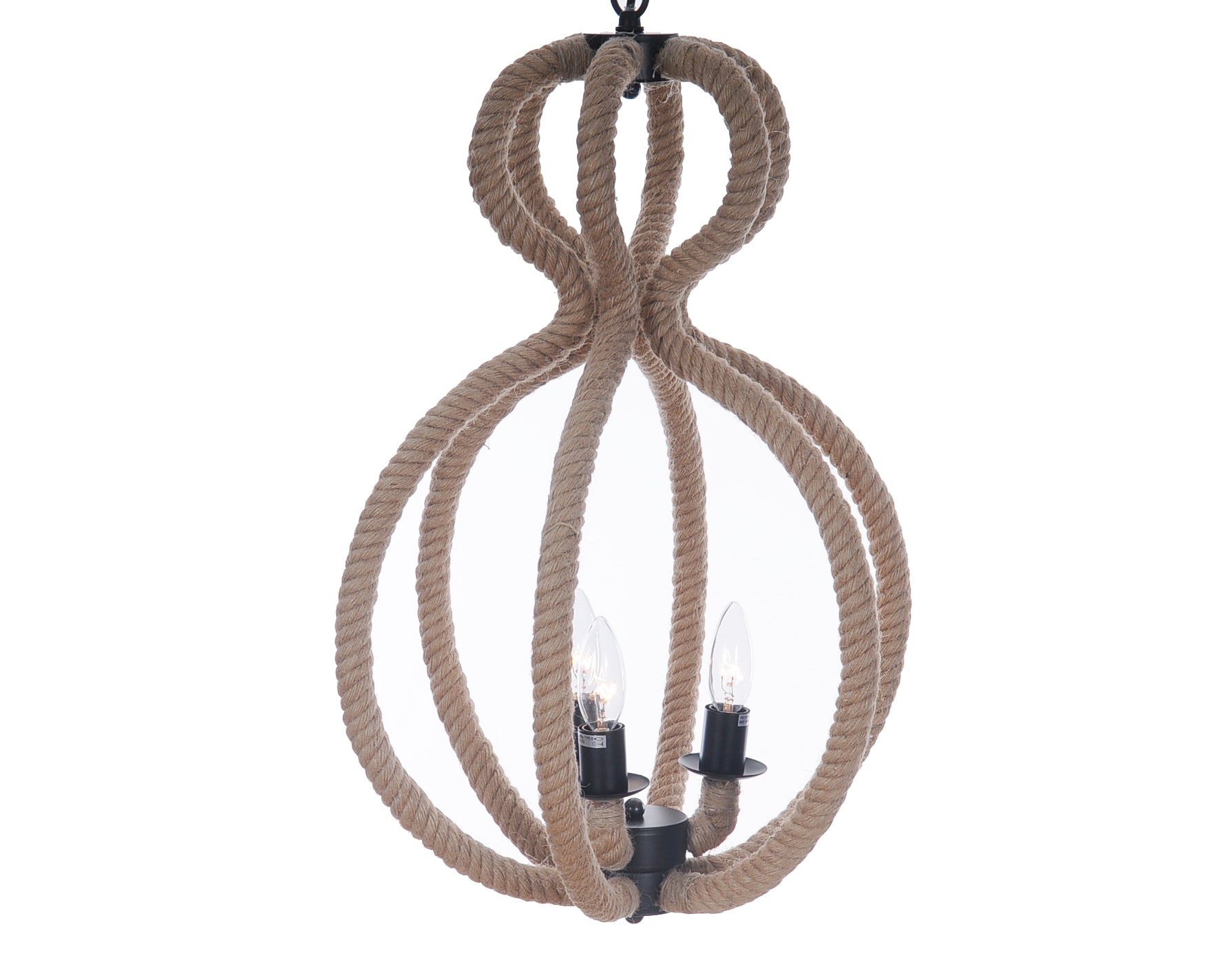 Natural and Black Iron and Rope Three Light Ceiling Light-Chandeliers-DECOROLALA