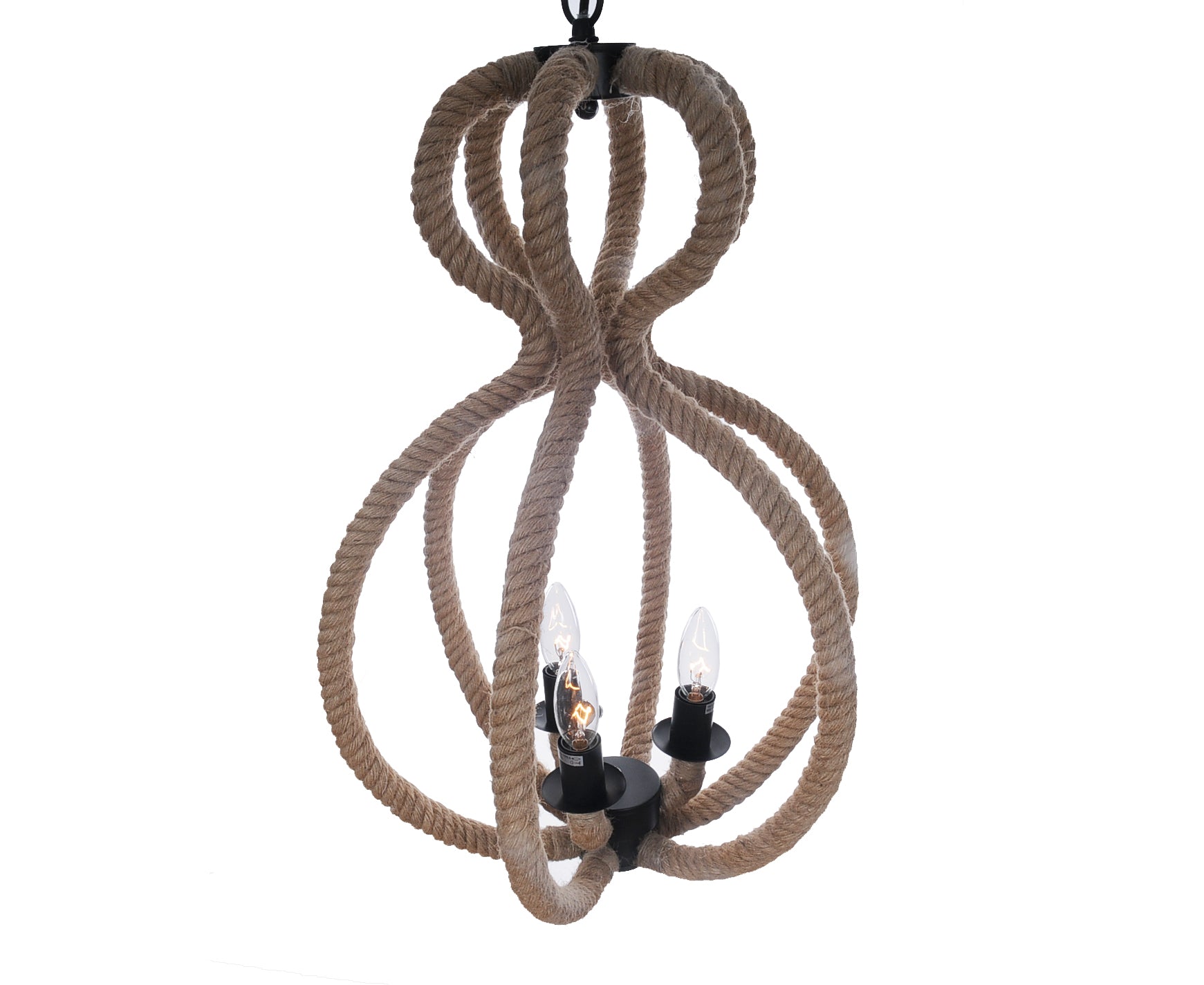 Natural and Black Iron and Rope Three Light Ceiling Light-Chandeliers-DECOROLALA