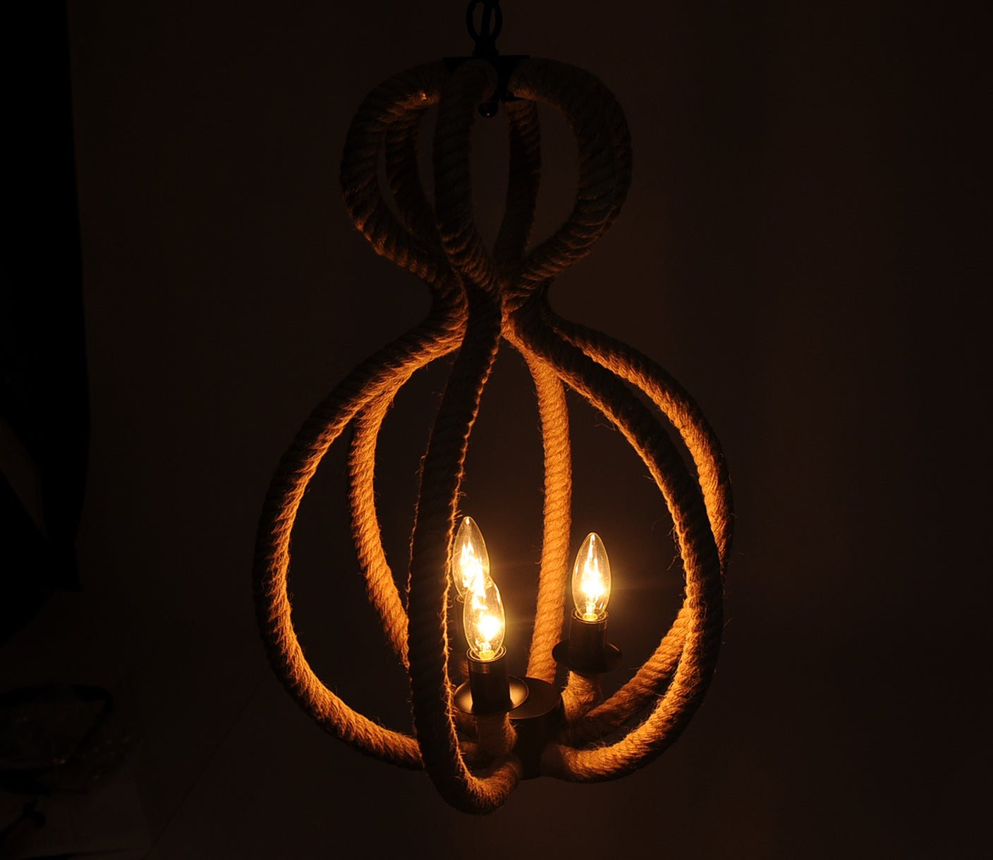 Natural and Black Iron and Rope Three Light Ceiling Light-Chandeliers-DECOROLALA