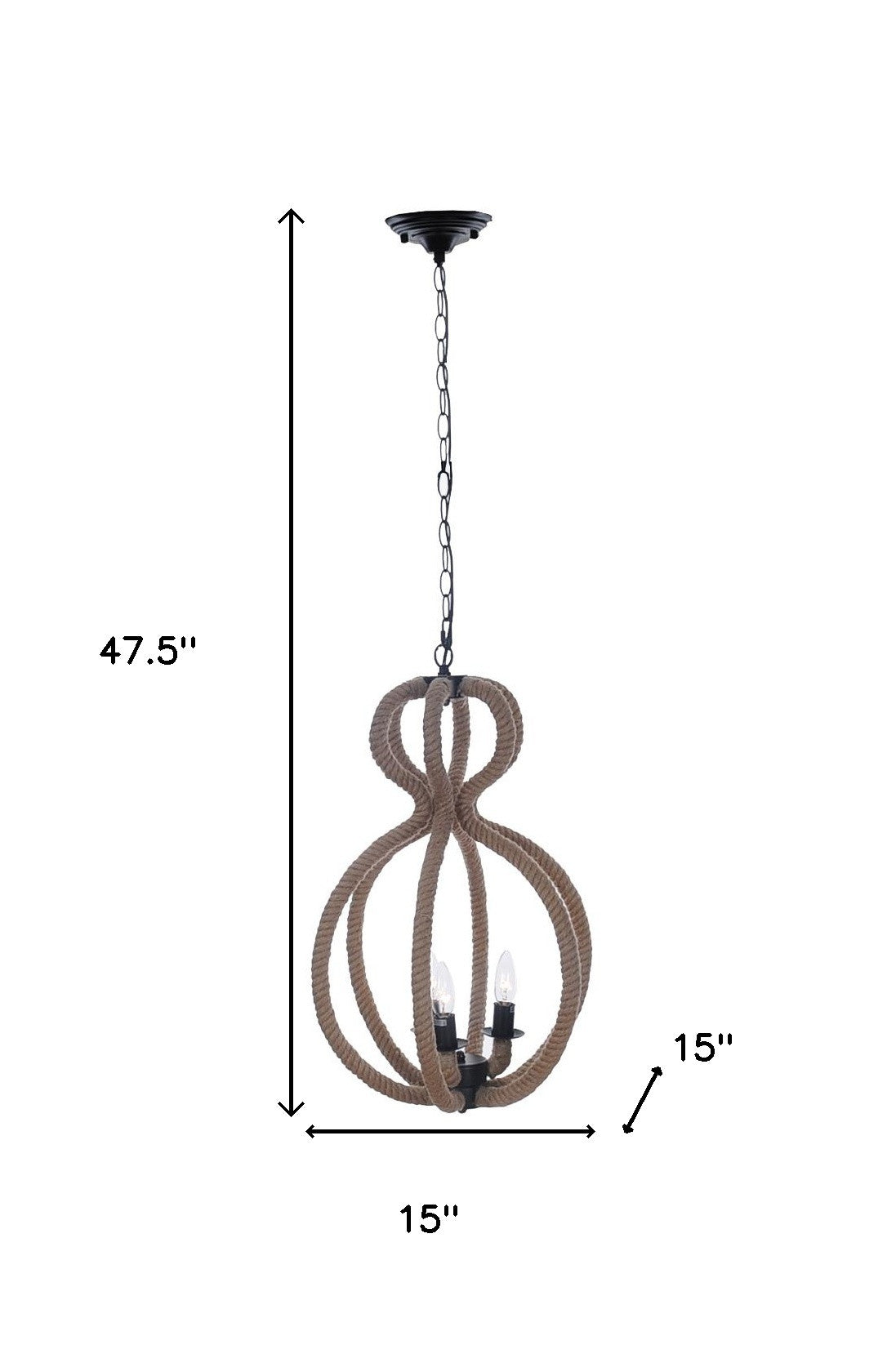 Natural and Black Iron and Rope Three Light Ceiling Light-Chandeliers-DECOROLALA