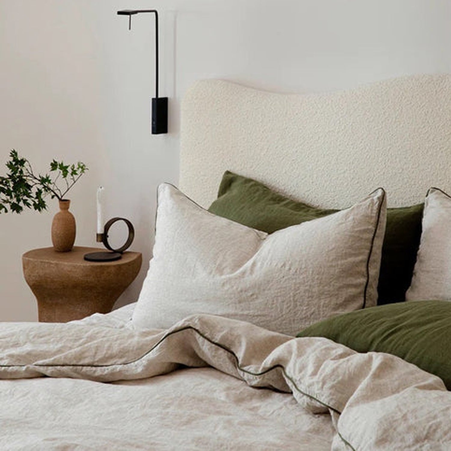 Natural Beige with Moss Green Piping - 100% Pure Linen or Linen Cotton | 3 Piece Piped Duvet Cover Set | Handmade | Pre-washed-1
