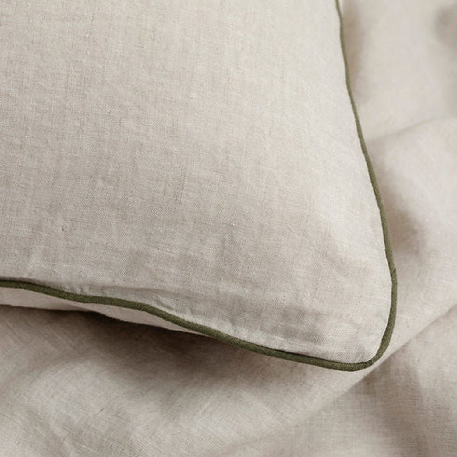 Natural Beige with Moss Green Piping - 100% Pure Linen or Linen Cotton | 3 Piece Piped Duvet Cover Set | Handmade | Pre-washed-3
