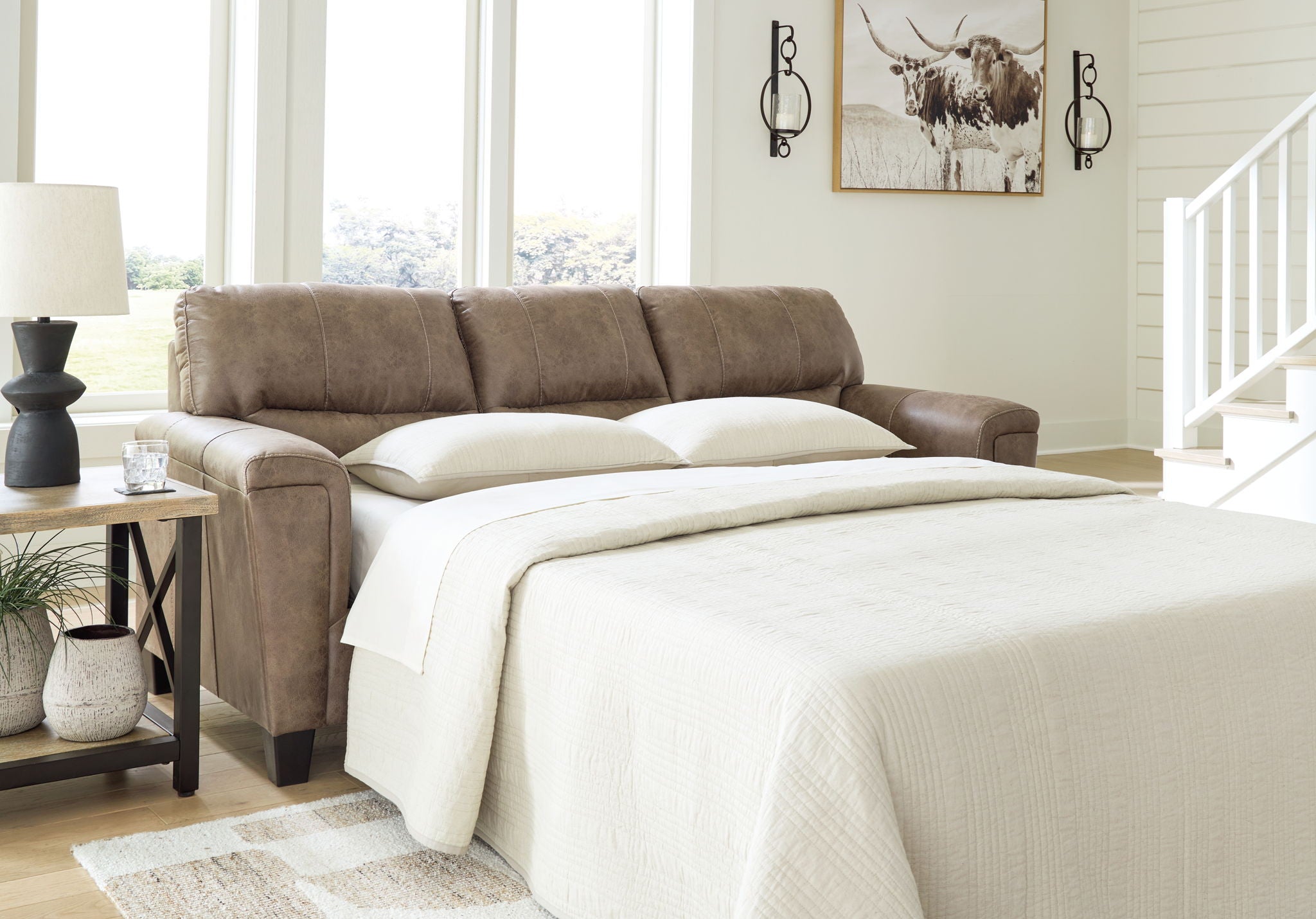 Navi Queen Sofa Sleeper - Fossil Faux Leather-Sleeper Sofas-DECOROLALA