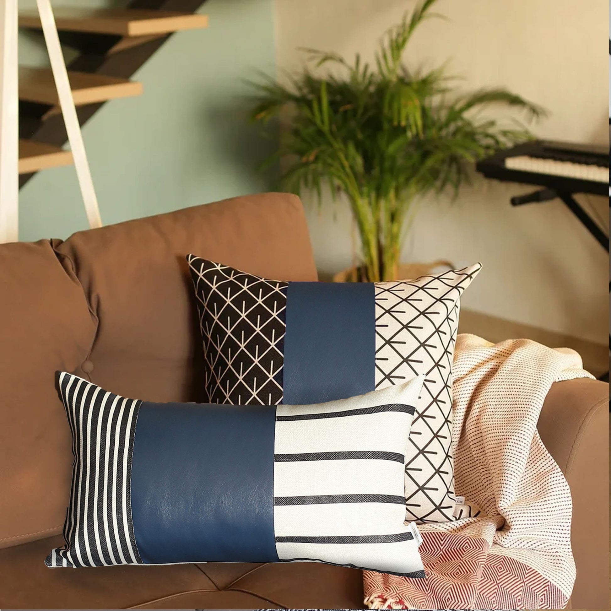 Navy Blue Striped Zippered Polyester Throw Pillow-Accent Throw Pillows-DECOROLALA