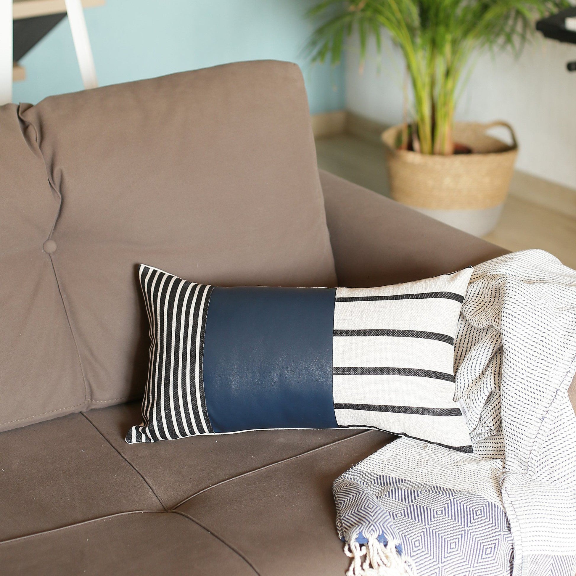 Navy Blue Striped Zippered Polyester Throw Pillow-Accent Throw Pillows-DECOROLALA