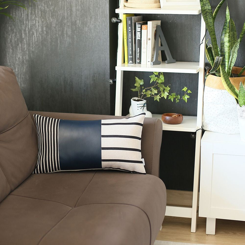 Navy Blue Striped Zippered Polyester Throw Pillow-Accent Throw Pillows-DECOROLALA