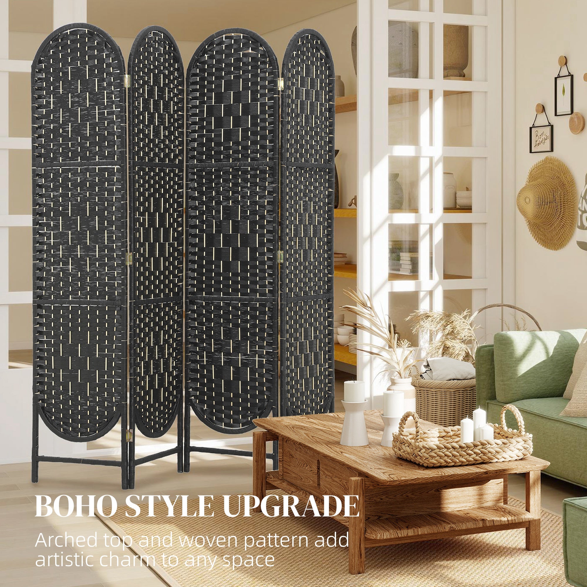 Bohemian Privacy Screen, Folding Room Divider with 4 Panels and Arched Top for Bedroom Living Room Office, Black