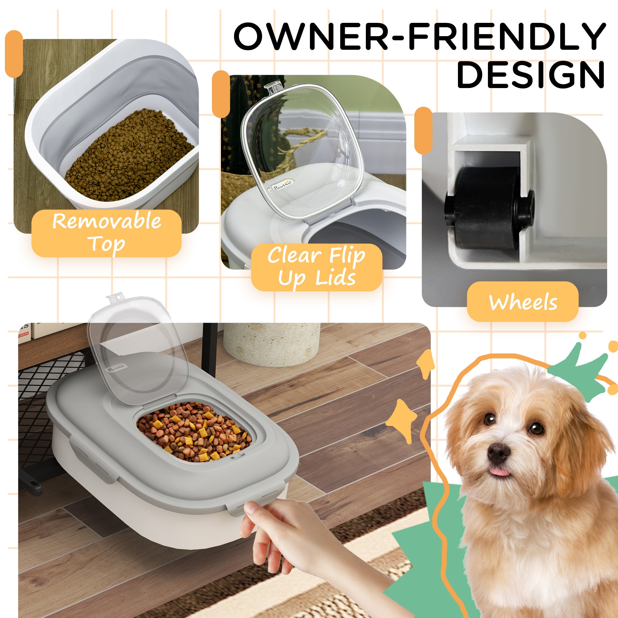 6-30lb Dog Food Storage Container Collapsible Design with Airtight Lids, Rolling Wheels, Cup, Bowl, Spoon, Grey