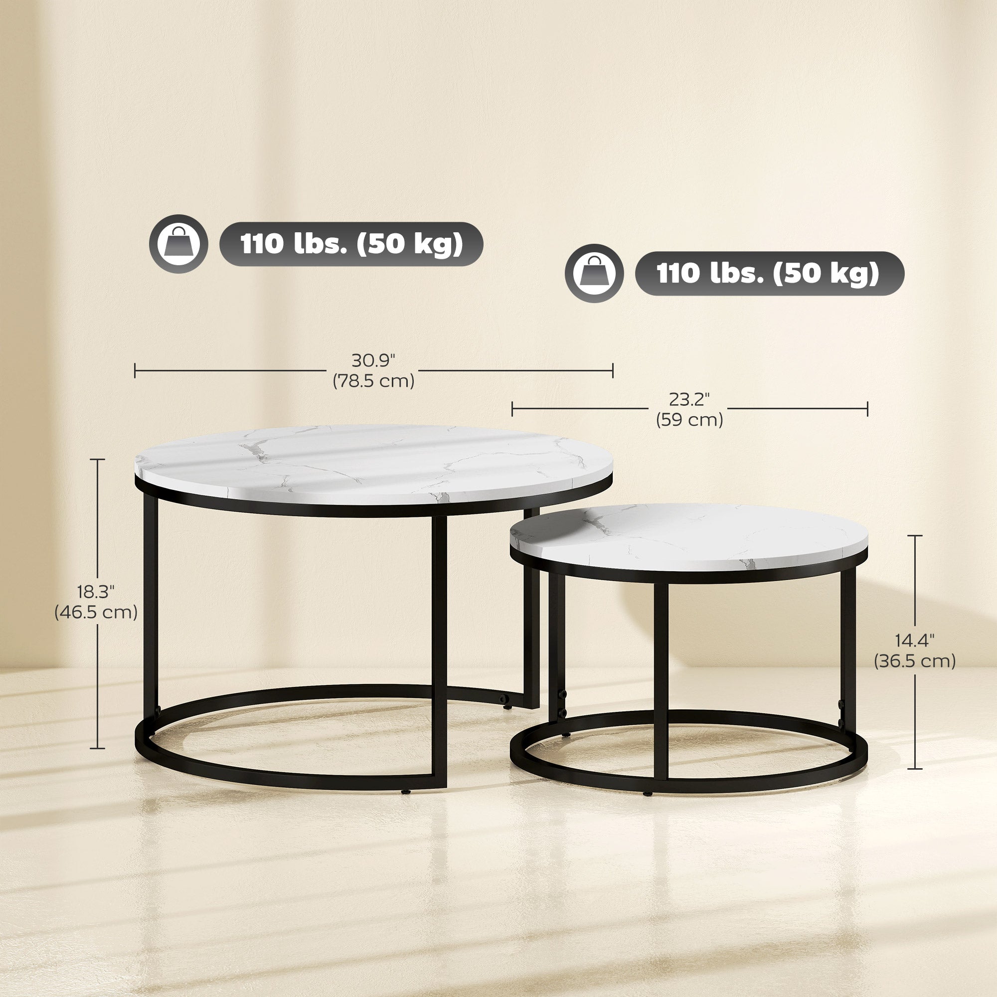 Nesting Coffee Table Set of 2 - Faux Marble White-Home Furnishings > Living Room Furniture > Coffee Tables-DECOROLALA